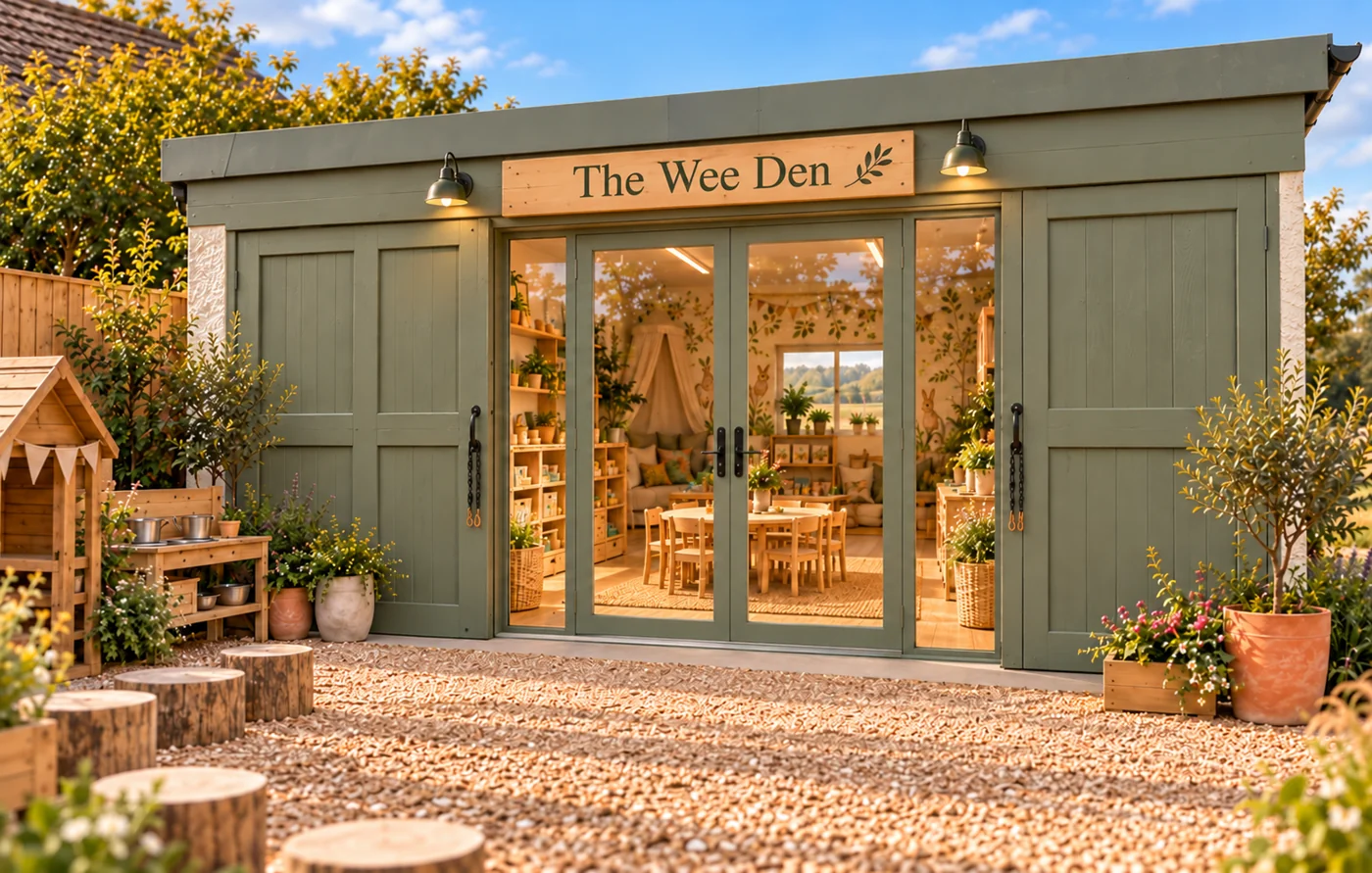 Glazed entrance and sage timber doors